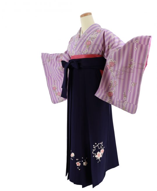 卒業式袴レンタルNo.760[ロマンチック]ピンク×紫ストライプ・枝垂桜・流水